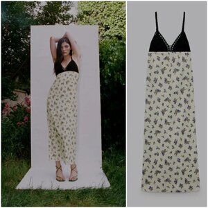 New Zara Floral Satin Printed Crochet Cream Maxi Tank Dress Cottagecore Small